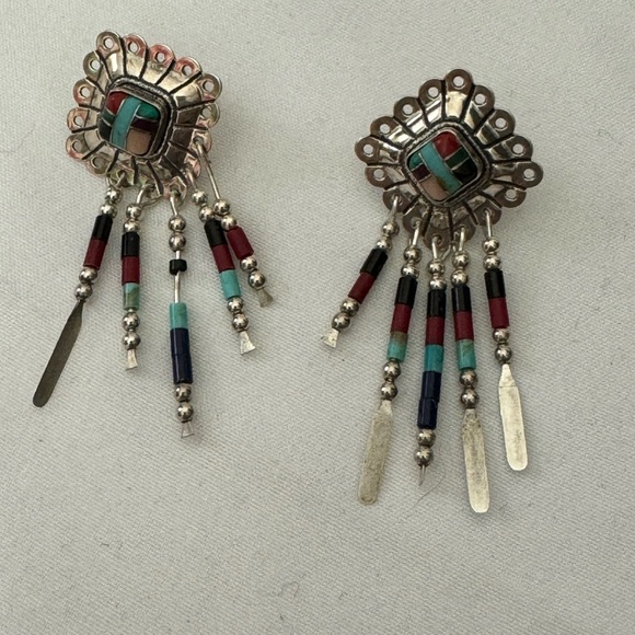 Vintage Sterling Zuni Earrings Coral Lapis and Turquoise signed Q.T. - Picture 1 of 7